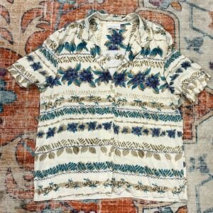 Alfred Dunner Vintage Floral Stripe Button Down Shirt‎ Blue Teal Tan Made in USA